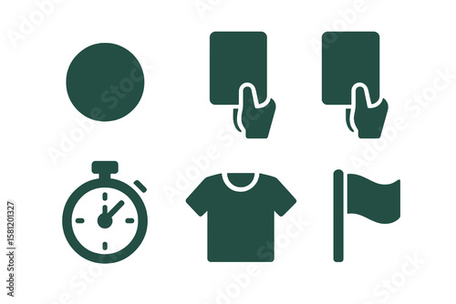 dark green icons with penalty spot, yellow card, red card, stopwatch, jersey, flag banner in flat style on transparent