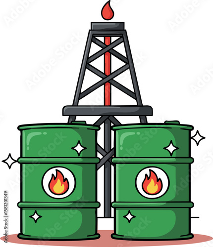 Oil barrels with flame symbols and oil rig tower in cartoon style vector illustration for industrial energy concept