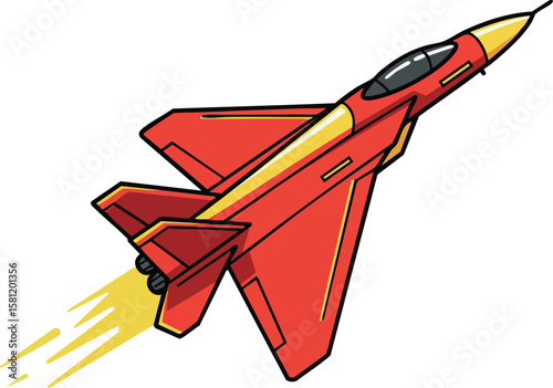 Red and yellow fighter jet vector illustration showing high-speed aircraft with flame exhaust for aviation design and technology concepts