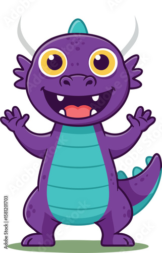 Purple cartoon dragon character with turquoise belly and yellow eyes standing smiling happy vector illustration