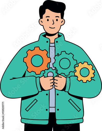 Young man holding colorful gears symbolizing teamwork and engineering concepts in casual outfit vector illustration