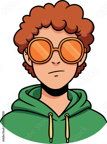 Young person with curly hair wearing oversized orange sunglasses and green hoodie vector portrait illustration
