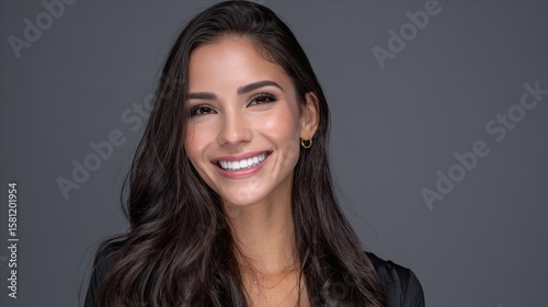 portrait of a American Latina female TV smiling business professional woman news presenter brown long hair wearing dressed elegantly formal on a grey background AI Generate