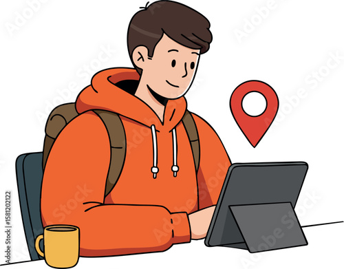 Young man using digital tablet with location pin icon wearing orange hoodie and backpack indoors for travel navigation