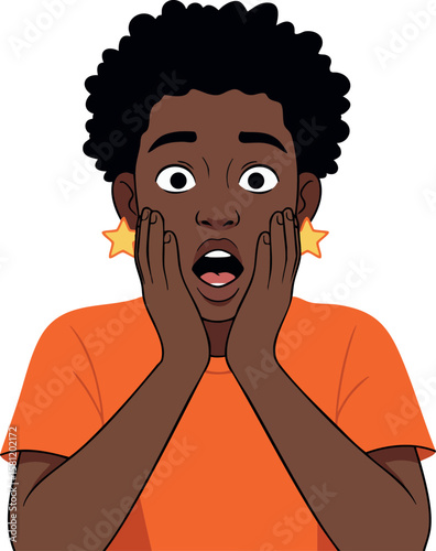 Surprised young person with afro hairstyle wearing orange shirt and star earrings expressing shock and amazement in vector art
