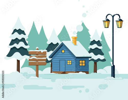 Winter cabin surrounded by snow-covered pine trees and wooden signpost with street lamp in snowy landscape vector illustration