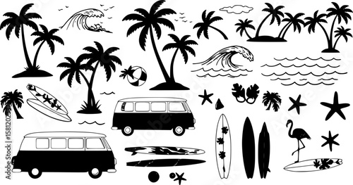 A tropical beach and surf-themed vector set with palm trees, waves, surfboards, a van, flamingos, and ocean elements in a bold black silhouette style. 