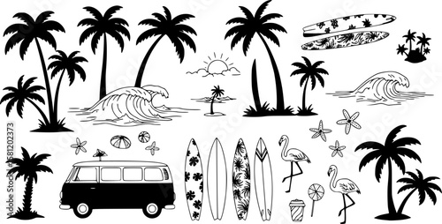 A tropical beach and surf-themed vector set with palm trees, waves, surfboards, a van, flamingos, and ocean elements in a bold black silhouette style. 