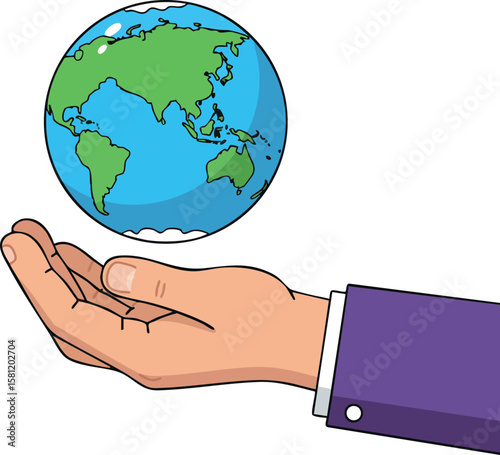 Human hand holding globe earth symbolizing planet care and environmental responsibility vector illustration