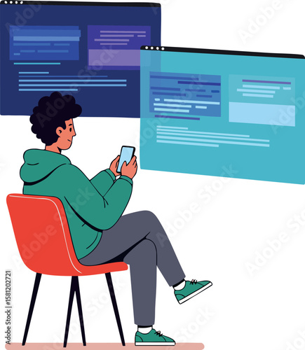 Young man using smartphone with floating programming code windows in modern digital workspace environment vector illustration