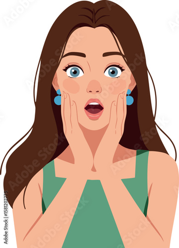 Young woman surprised with open mouth and hands on cheeks expressing shock and amazement vector illustration