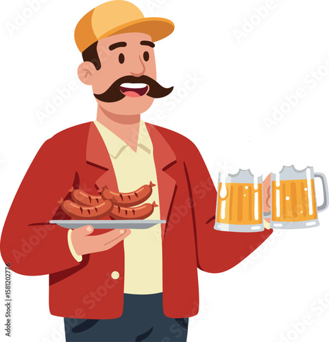 Man holding grilled sausages and beer mugs casual outfit smiling happy lifestyle vector illustration