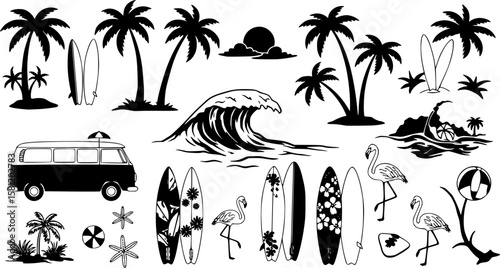A tropical beach and surf-themed vector set with palm trees, waves, surfboards, a van, flamingos, and ocean elements in a bold black silhouette style. 