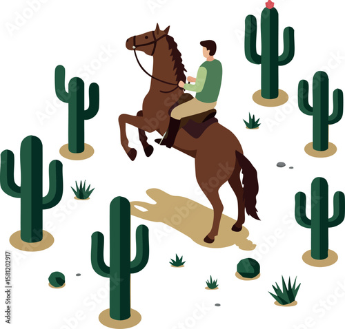 Man riding rearing horse surrounded by cacti desert scene with green plants and brown earth vector illustration