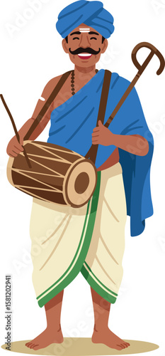 Traditional Indian man playing drum in ethnic attire with blue turban and white dhoti cultural music performance vector illustration