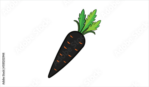 Illustration of a stylized black carrot with green leafy tops on a white background