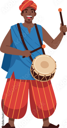 African man playing traditional drum in colorful clothing holding drumstick vector illustration