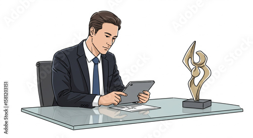 A focused businessman in a suit using a digital tablet while sitting at a modern glass desk in an office.