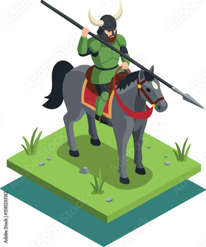 Viking warrior riding horse with spear in green armor and horned helmet battle ready vector illustration