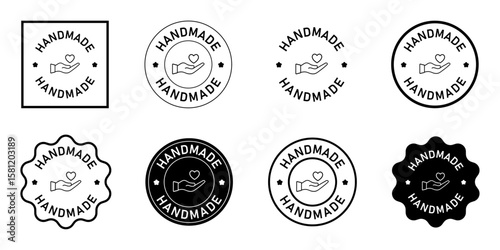 Handmade Badge Icon Set Craft Label Hand with Heart Logo DIY Product Stamp Vector sign symbol