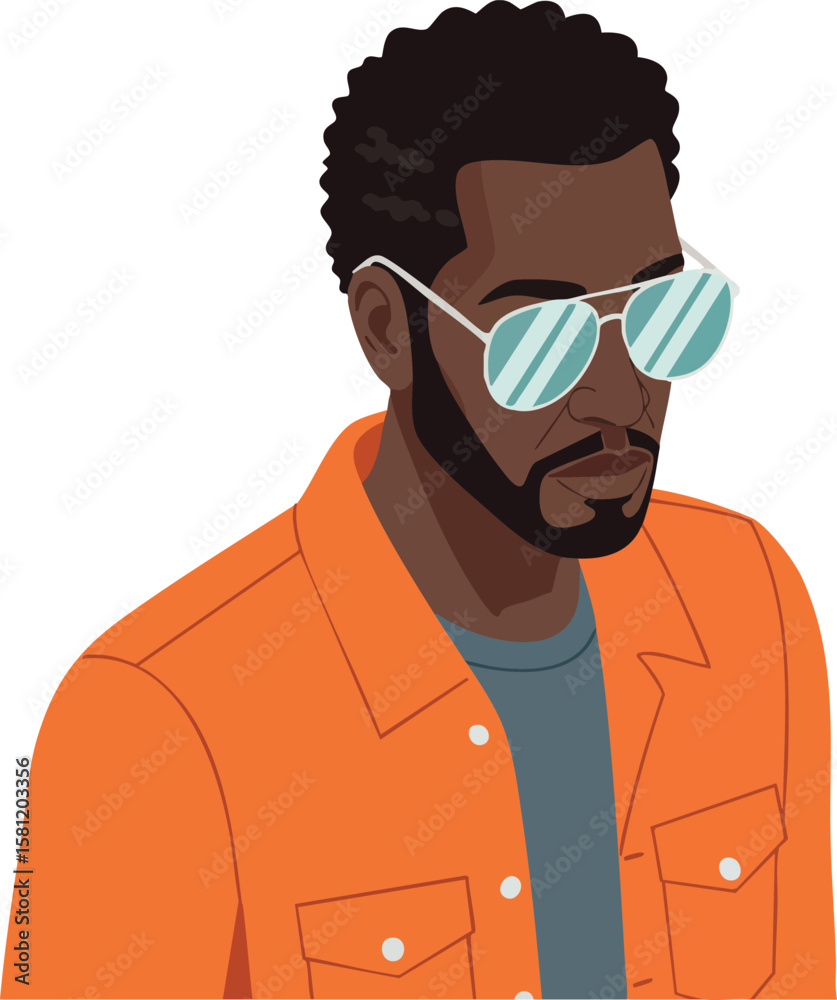 Obraz premium Afro man wearing orange jacket and reflective sunglasses casual style vector illustration