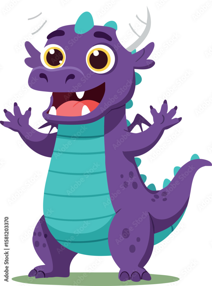 Fototapeta premium Cute purple cartoon baby dragon with turquoise belly and playful expression vector illustration