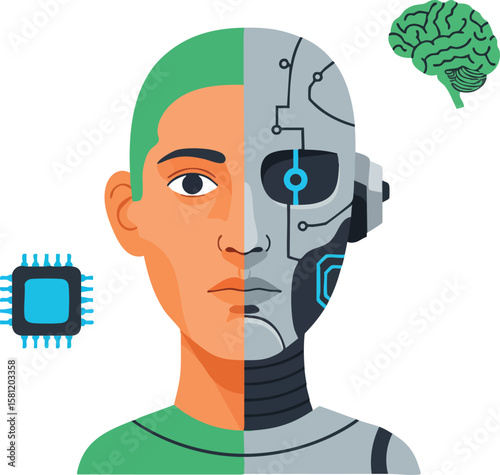 Human and robot face split with microchip and brain technology artificial intelligence concept illustration