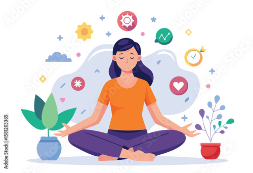 A woman meditates peacefully surrounded by symbols of growth well being and success embodying inner calm and personal development