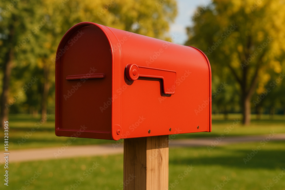 Red metal mailbox on wooden post in green park on sunny day. Outdoor postal service and suburban communication concept Red metal mailbox on wooden post in green park on sunny day. Outdoor postal service and suburban communication concept