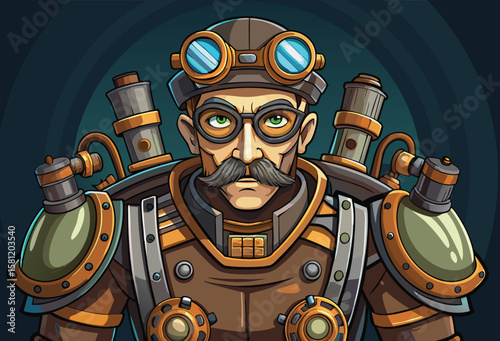 A stern steampunk inventor with goggles and a magnificent mustache ready for adventure