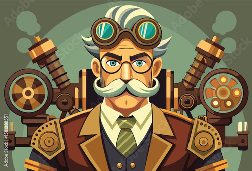 A distinguished gentleman with a prominent mustache and goggles adorned with intricate steampunk mechanical enhancements on his shoulders and back