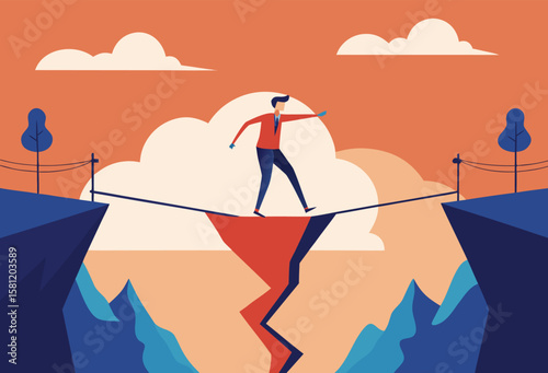 A determined businessman bravely walks a tightrope across a deep chasm between two cliffs under a cloudy sky