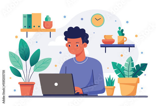 A young person working diligently on a laptop surrounded by indoor plants and office supplies in a bright modern workspace