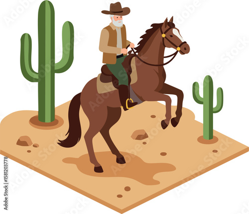 Cowboy riding a brown horse in desert landscape with green cacti and sand vector illustration