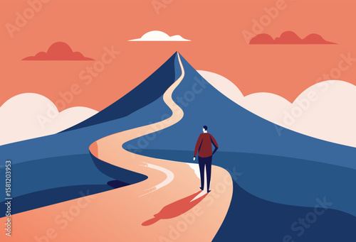 A solitary figure stands at the beginning of a winding path leading towards the summit of a majestic mountain under a vibrant sky