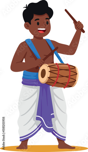 Young boy playing traditional drum wearing dhoti and sash cultural music illustration vector
