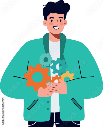 Young man holding colorful gears symbolizing teamwork and innovation in technology and engineering concepts vector illustration