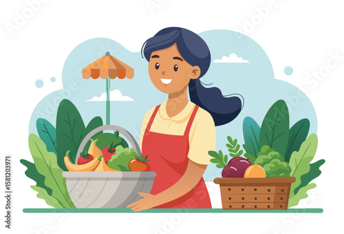 young woman farmer proudly displays freshly harvested organic fruits and vegetables under a sunny umbrella