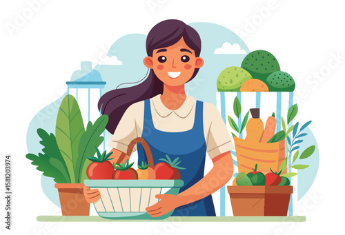 Smiling woman farmer proudly displays freshly harvested vegetables and fruits in baskets