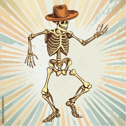 Animated Skeleton in Vintage: A whimsical cartoon of a skeleton, donned in a rustic hat, strikes a dynamic pose against a retro burst background.