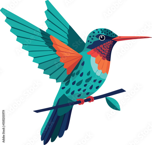 Hummingbird perched on branch with spread wings colorful teal and orange bird vector design