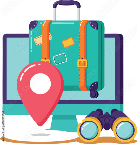 Travel suitcase with location pin and binoculars on computer screen for journey planning and tourism vector illustration