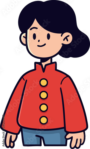 Cartoon girl character wearing red jacket and blue pants with black hair in vector style illustration