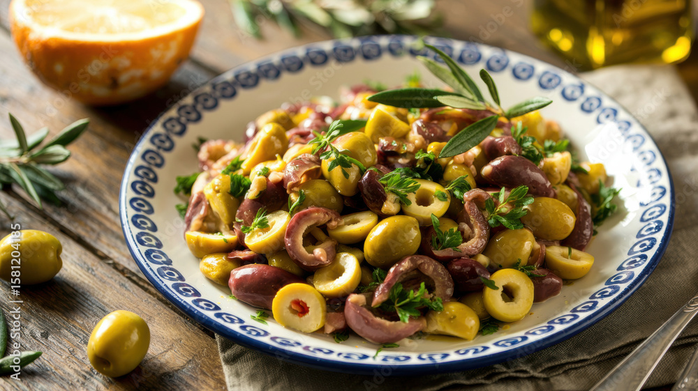 Classic Sicilian Salmoriglio with chopped olives. Classic Sicilian Salmoriglio with chopped olives.