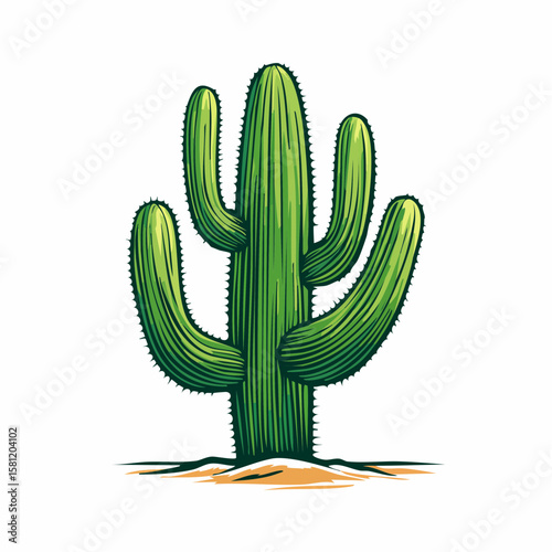 Saguaro Cactus in Desert: A majestic saguaro cactus stands tall against a backdrop of sandy desert, its multiple arms reaching towards the sky. 