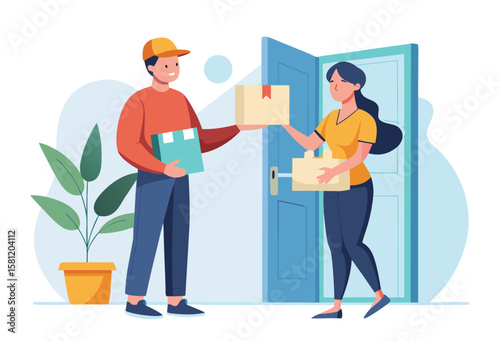 Friendly delivery person hands a package to a smiling woman at her doorstep symbolizing efficient and convenient parcel service