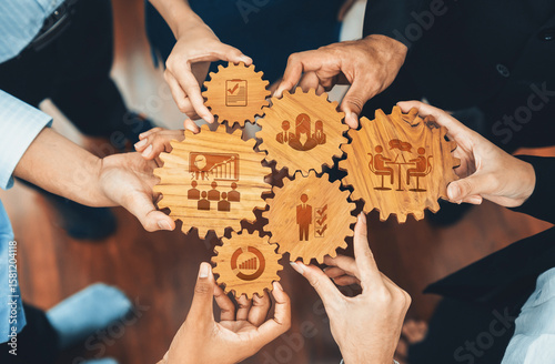 Team Collaboration and Management Concepts with Wooden Gear Icons Representing Strategy, Growth, and Planning in a Professional Setting. Amity