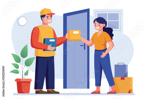 Friendly delivery person hands a package to a smiling woman at her doorstep with boxes and a plant nearby