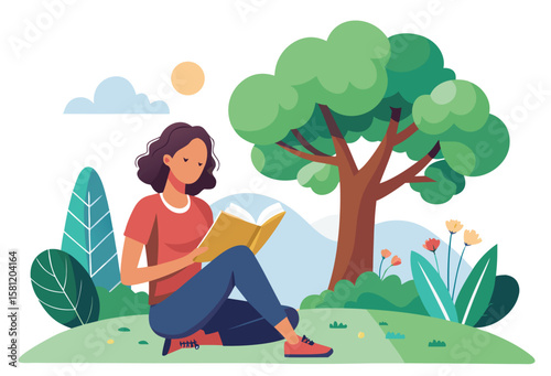 A young woman enjoys a peaceful moment reading a book outdoors under a large tree on a sunny day