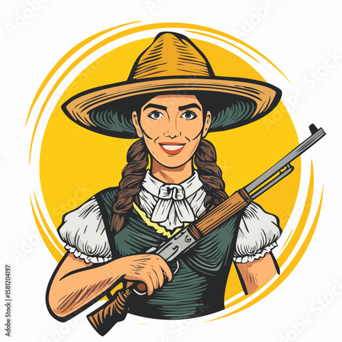 Fearless Silhouette: A spirited woman stands defiant with a shotgun, a vivid illustration against a bright sun, celebrating courage.